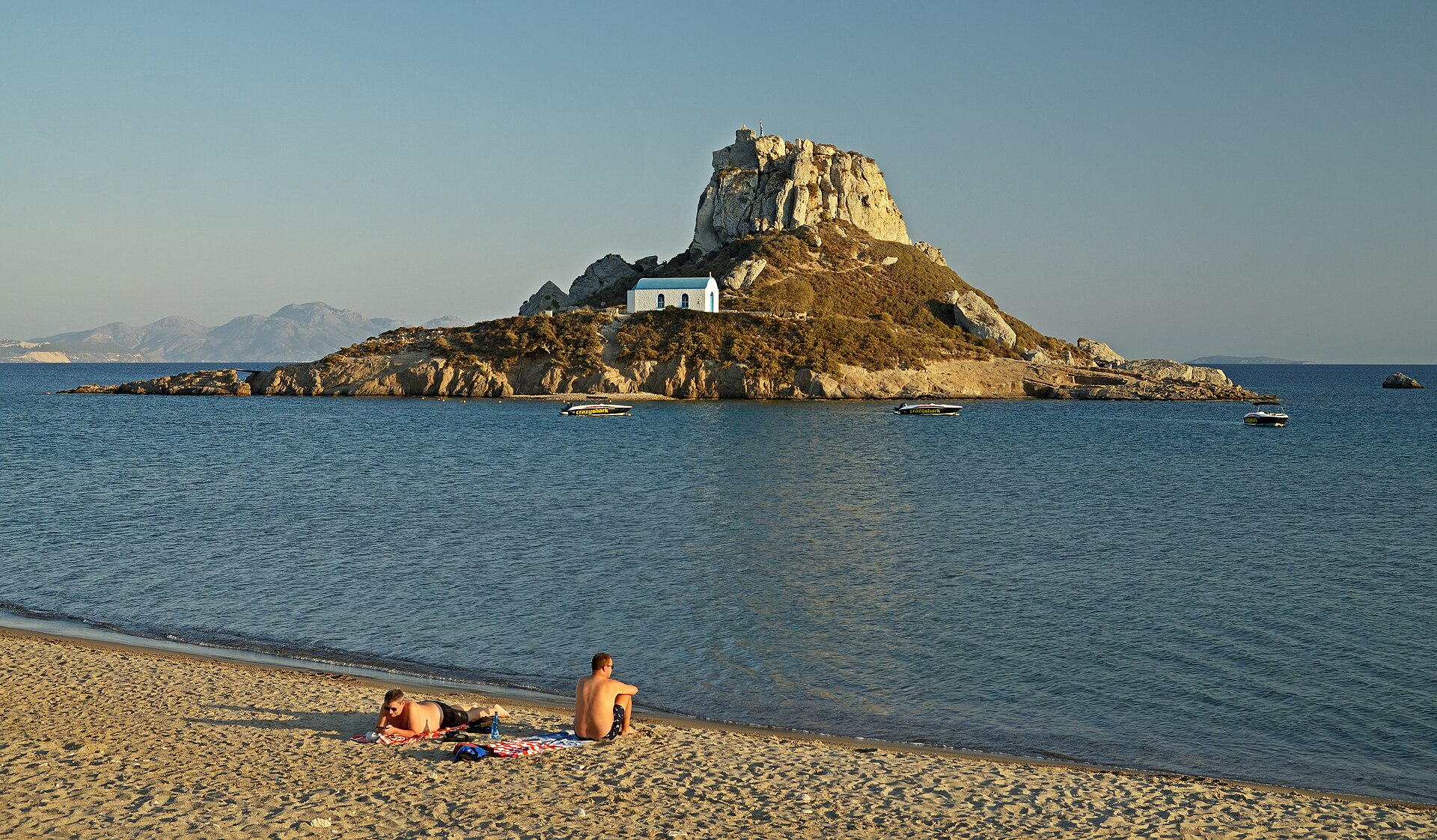 Kefalos beach, Kastri islet and chapel of St. Nicholas, Kos